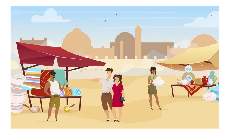 Touristen besuchen den ägyptischen Basar  Illustration