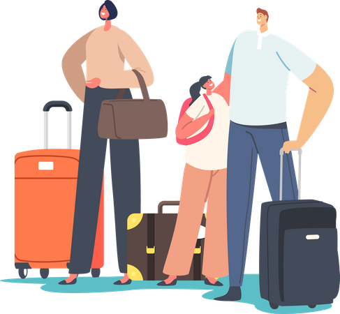 Famille de touristes avec des valises pour enfants tenant des valises  Illustration