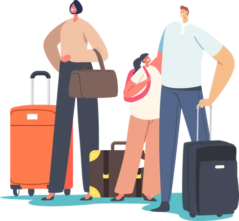 Famille de touristes avec des valises pour enfants tenant des valises  Illustration