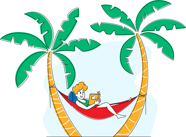 Touristin entspannt sich in exotischem Resort, liegt in Hängematte an Palmen und liest Buch  Illustration