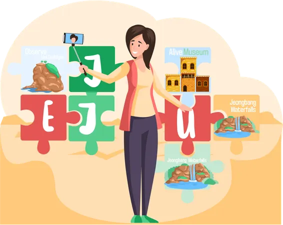 Touristin macht Selfie auf der Insel Jeju in Südkorea vor dem Hintergrund berühmter Sehenswürdigkeiten  Illustration