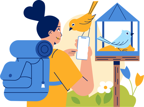 Touristin macht Vogelfoto mit Handy  Illustration