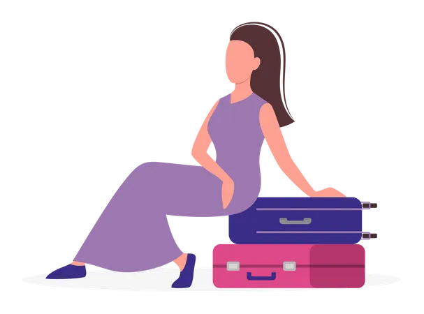 Weiblicher Tourist der auf Koffer sitzt  Illustration