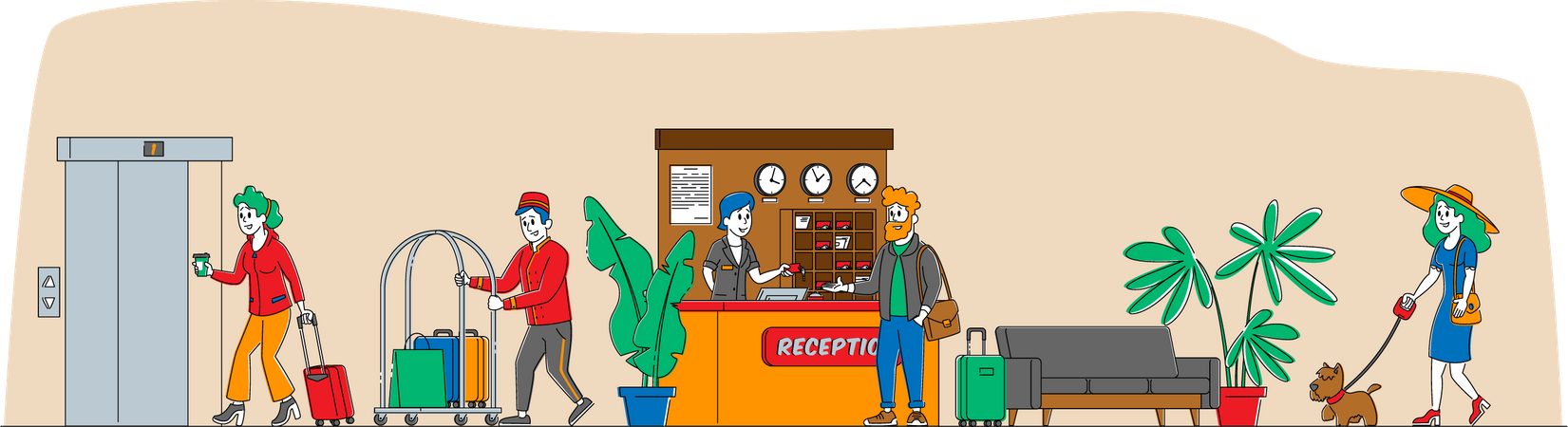 Tourists at hotel reception  Illustration