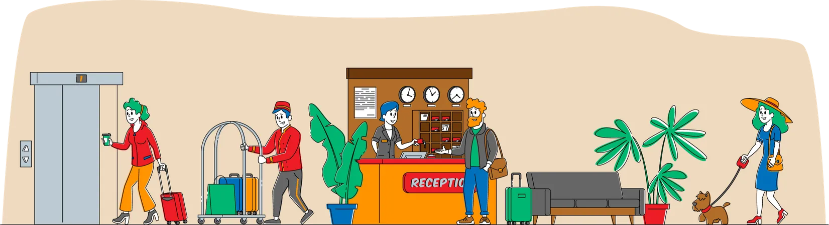 Tourists at hotel reception  Illustration