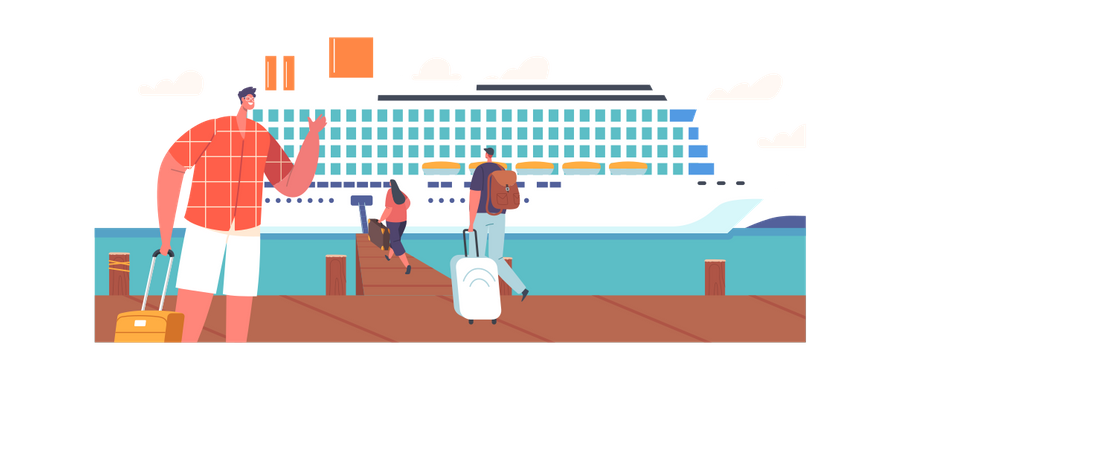 Tourists Characters Waiting Boarding On Cruise Liner Illustration