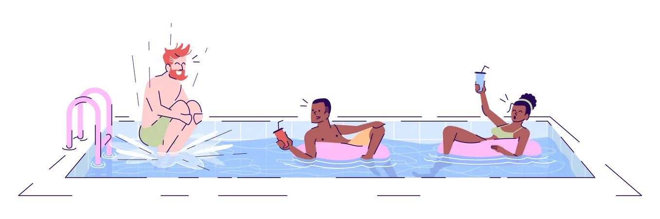 Tourists In Swimming Pool Flat Vector Illustrations Bearded Man Jumping In Water Friends Swimming In Rubber Rings With Cocktails Isolated Cartoon Characters With Outline Elements On White Background Illustration