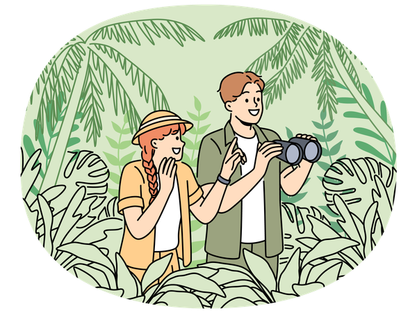 Tourists participate in jungle safari standing among dense tropical vegetation and holding binocular  Illustration