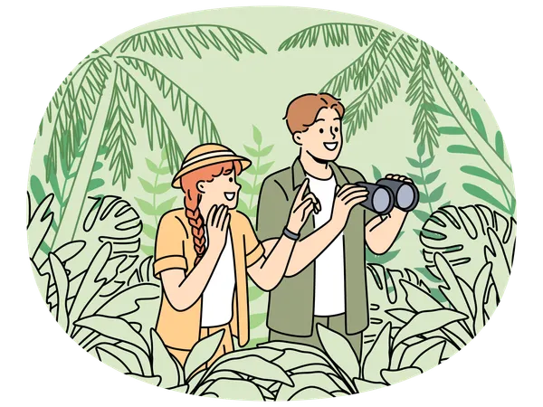 Tourists participate in jungle safari standing among dense tropical vegetation and holding binocular  Illustration