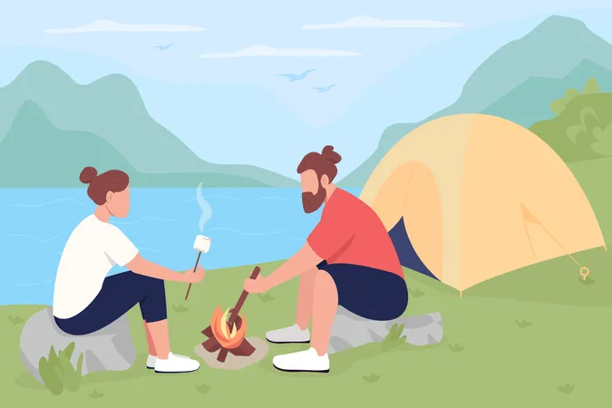 Camping In Countryside Flat Color Vector Illustration Tourists Roasting Marshmallows On Bonfire Couple Resting Near Fire 2 D Cartoon Characters With Panoramic Lake And Mountains On Background Illustration