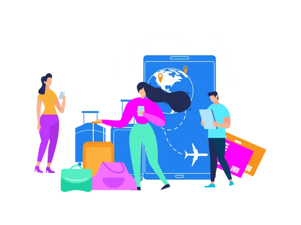 Tourists Searching Flight Schedules, Planning Vacation Travel, Ordering Baggage Transporting, Booking Tickets with Online App Illustration