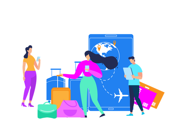 Tourists Searching Flight Schedules, Planning Vacation Travel, Ordering Baggage Transporting, Booking Tickets with Online App  Illustration