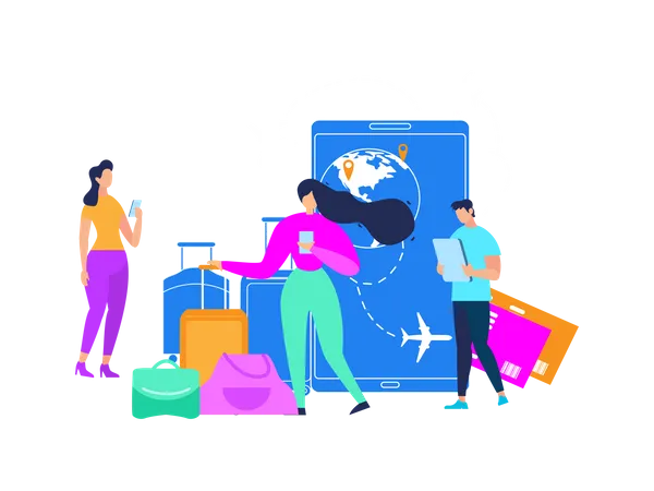 Tourists Searching Flight Schedules, Planning Vacation Travel, Ordering Baggage Transporting, Booking Tickets with Online App  Illustration