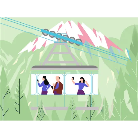 Tourists taking selfies in cable car  Illustration