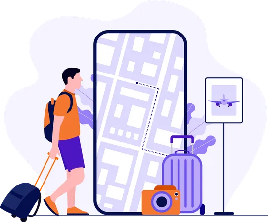 Tourists traveling with Mobile Map  Illustration