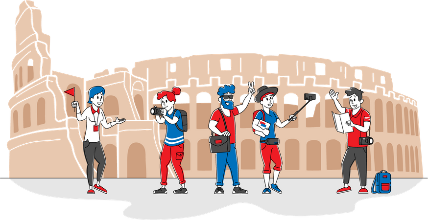 Tourists visiting Colosseum and clicking pictures Illustration