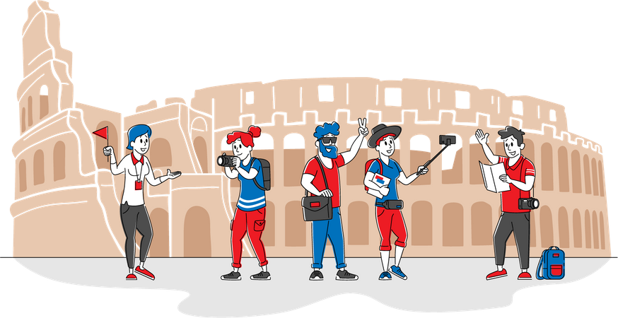 Tourists visiting Colosseum and clicking pictures  Illustration