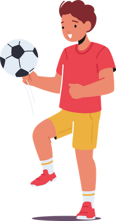 Tournoi de football avec un petit garçon présentant des cascades avec un ballon  Illustration