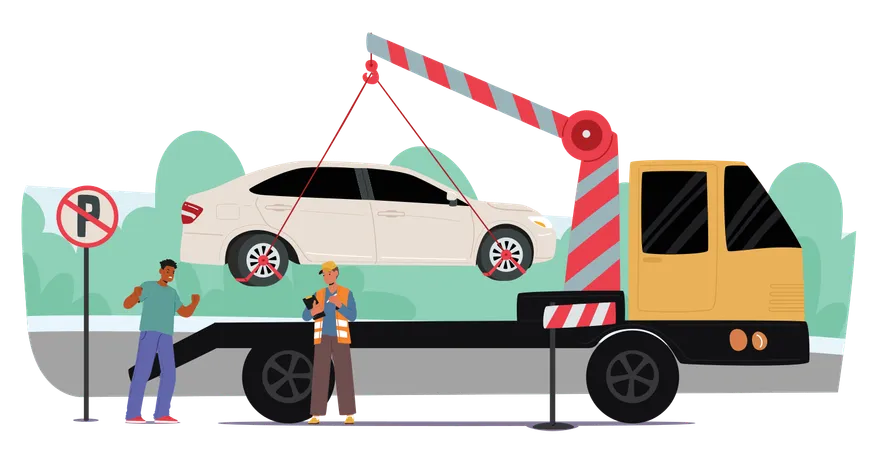 Tow Truck Lifting Car From No Parking Zone  Illustration