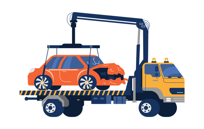 Tow truck lifting damaged orange car with crane  Illustration