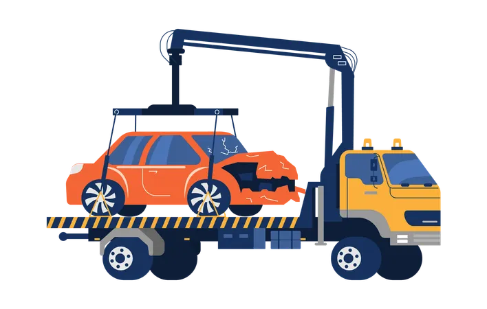 Tow truck lifting damaged orange car with crane  Illustration