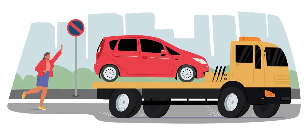 Tow Truck Towing Car From Restricted Area  Illustration