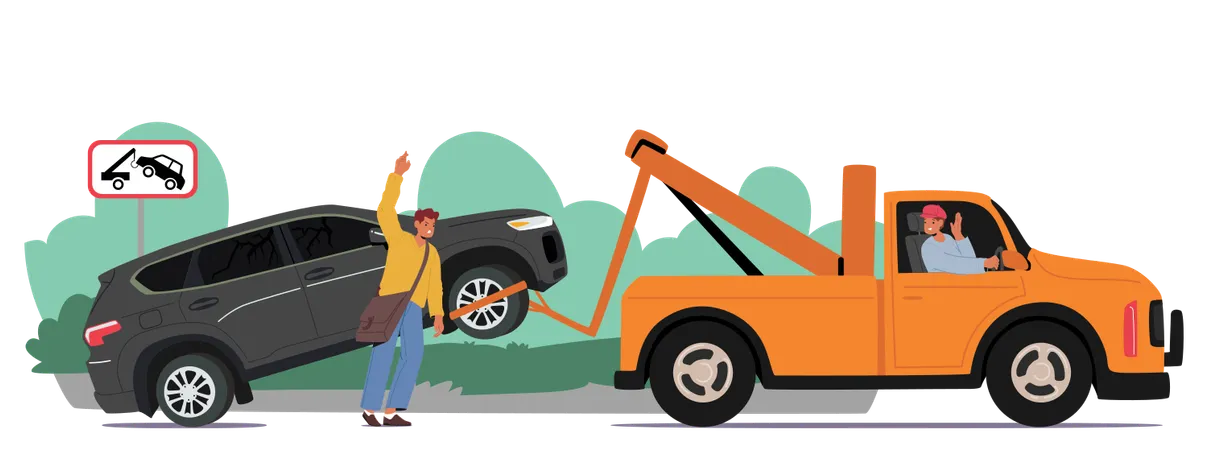 Tow Truck Towing Car In Urban Area  Illustration