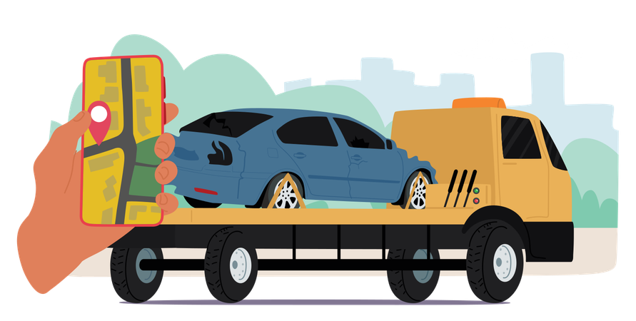 Tow Truck Transporting Damaged Car To Location  Illustration