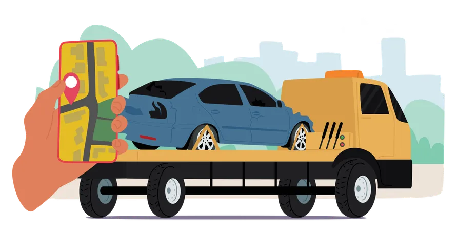 Tow Truck Transporting Damaged Car To Location  Illustration