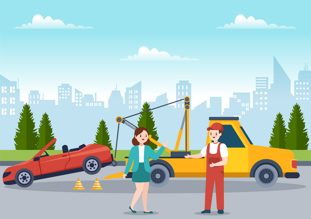 Towing Car Using Truck with Roadside Assistance Service Illustration