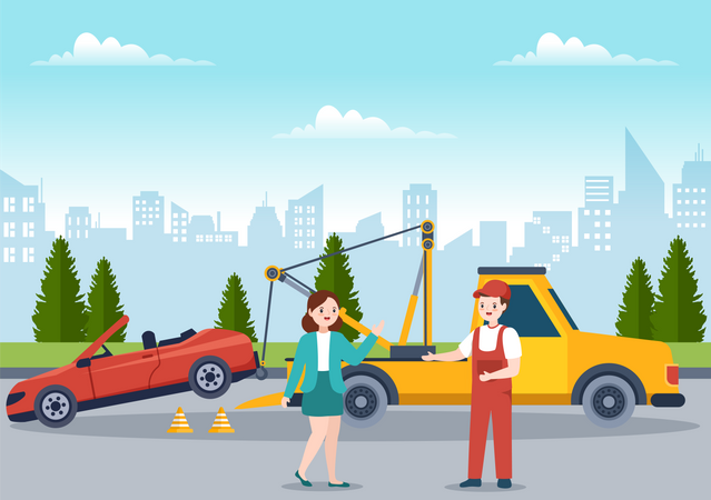 Towing Car Using Truck with Roadside Assistance Service  Illustration