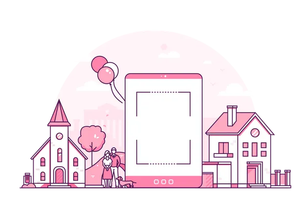 Town Street Modern Thin Line Design Style Vector Illustration On White Background Pink Colored Composition With Cottage House Church Citizens A Tablet With Place For Your Image On The Screen Illustration