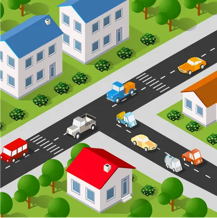 Lifestyle Scene Urban Isometric Illustration Of A City Block With Houses Streets People Cars Illustration For The Design And Games Industry Illustration