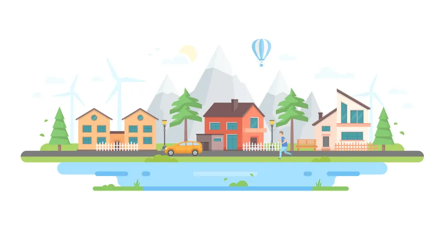 Town By The Hills - Modern Flat Design Style Vector Illustration  Illustration