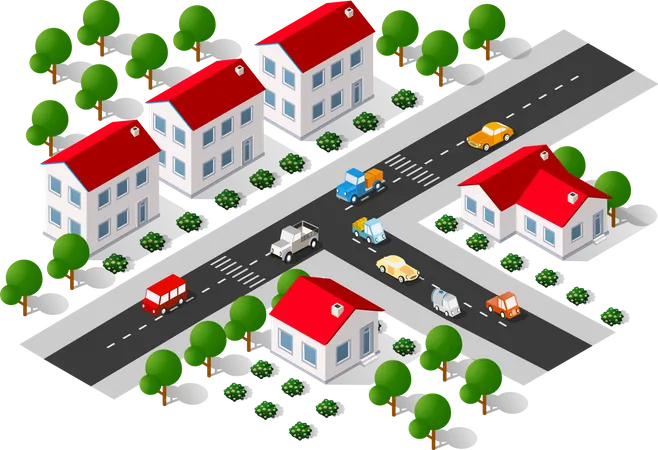 Lifestyle Scene Urban Isometric 3 D Illustration Of A City Block With Houses Streets People Cars Illustration For The Design And Games Industry Illustration