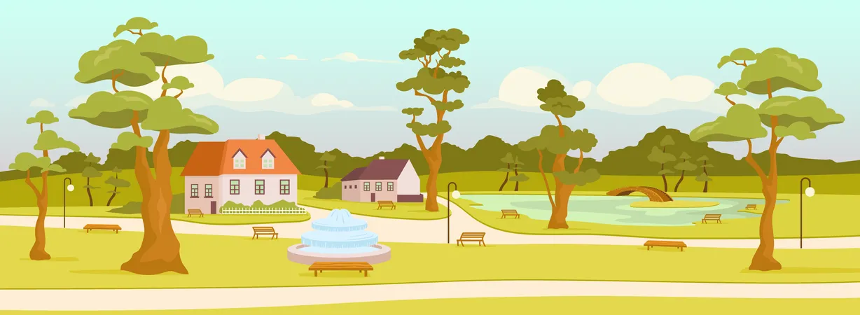 Town Park Flat Color Vector Illustration City Recreation Zone Village Square Outdoor Rest Streets And Houses 2 D Cartoon Landscape With Trees Benches And Pond With Bridge On Background Illustration