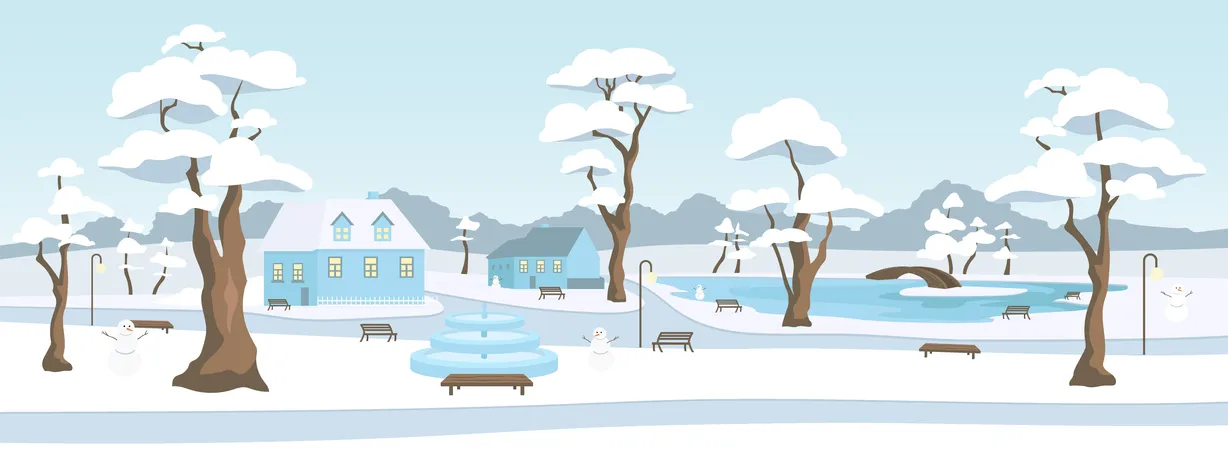 Town park in winter season  Illustration