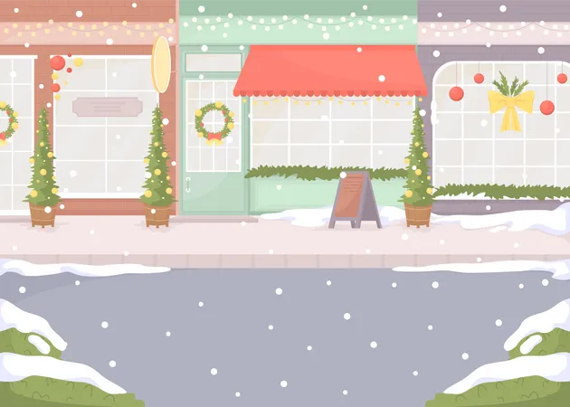 Town Street With Falling Snowflakes Flat Color Vector Illustration Xmas Holiday Celebration Wonderland Scene Fully Editable 2 D Simple Cartoon Cityscape With Christmas Scenery On Background Illustration