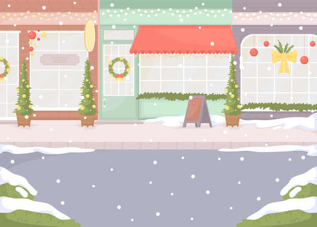 Town street with falling snowflakes  Illustration