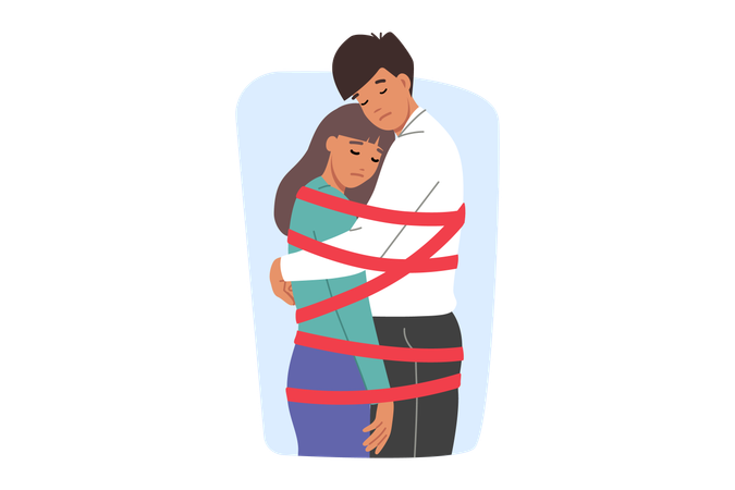 Toxic relationship between man and woman tied with rope  Illustration