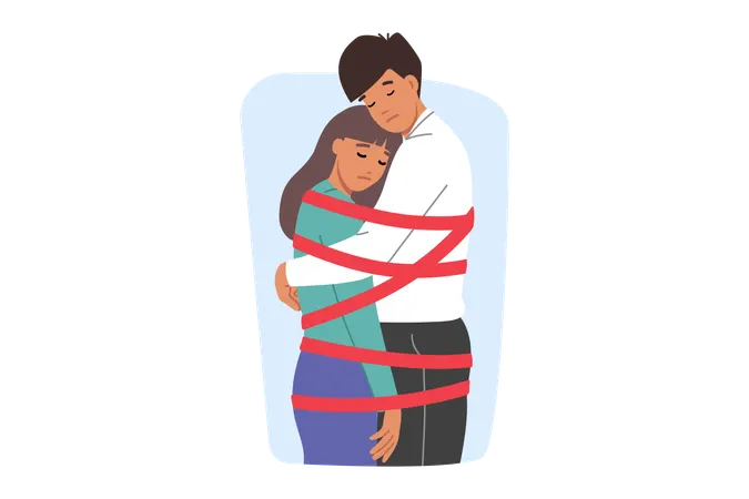 Toxic relationship between man and woman tied with rope  Illustration