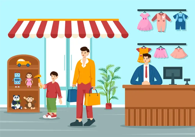 Kids Shop Vector Illustration With Boys And Girls Children Equipment Such As Clothes Or Toys For Shopping Concept In Flat Cartoon Background 일러스트레이션
