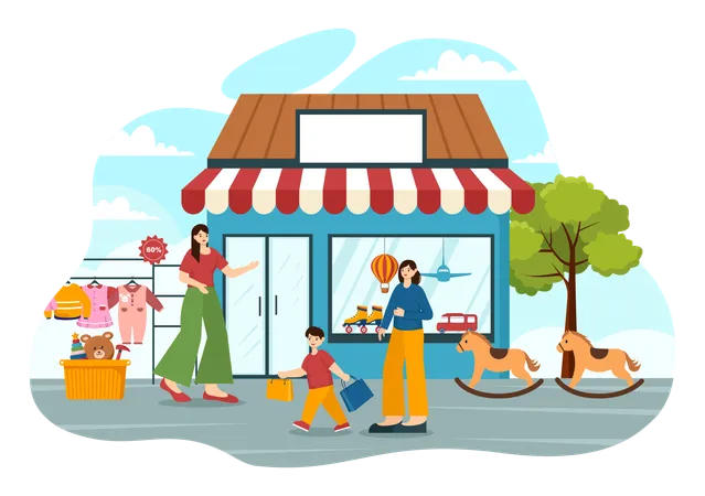 Kids Shop Vector Illustration With Boys And Girls Children Equipment Such As Clothes Or Toys For Shopping Concept In Flat Cartoon Background Illustration