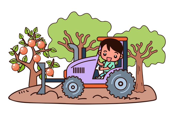 Trabajador agrícola conduciendo tractor en la granja  Ilustración