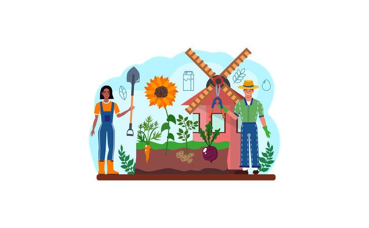 Trabajador agrícola cultivando plantas  Ilustración