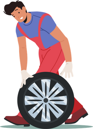 Trabajador cambiando neumático con rueda de repuesto  Ilustración