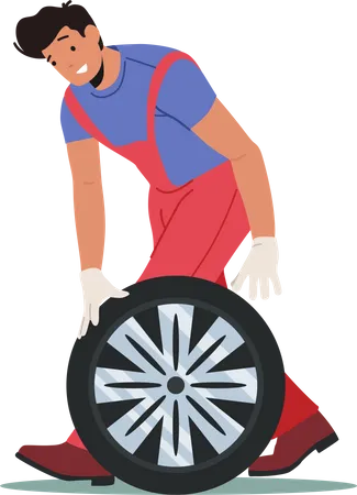 Trabajador cambiando neumático con rueda de repuesto  Ilustración