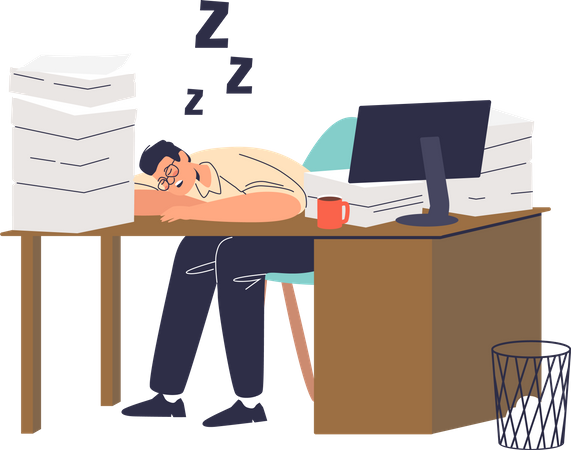 Trabajador cansado durmiendo en el escritorio de la oficina  Ilustración