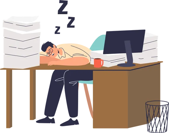 Trabajador cansado durmiendo en el escritorio de la oficina  Ilustración