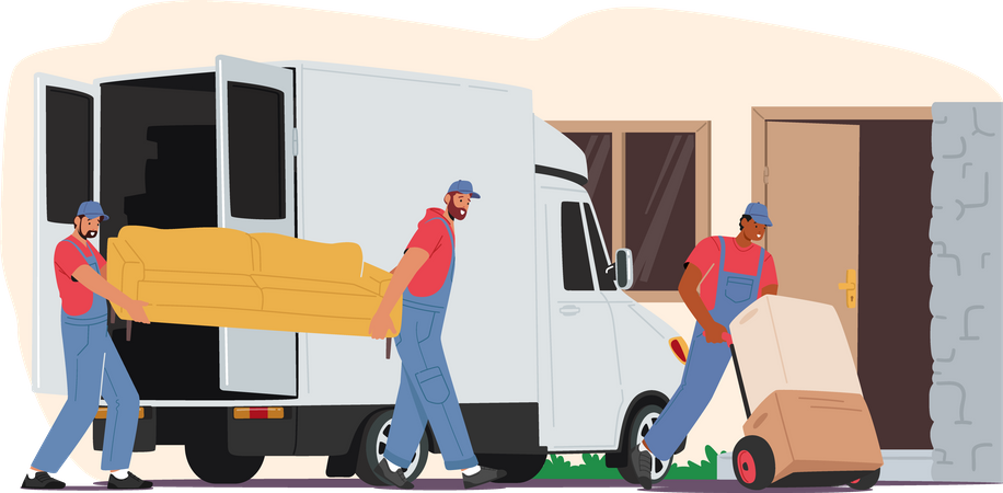 Trabajador llevando cajas y descargando camión.  Ilustración
